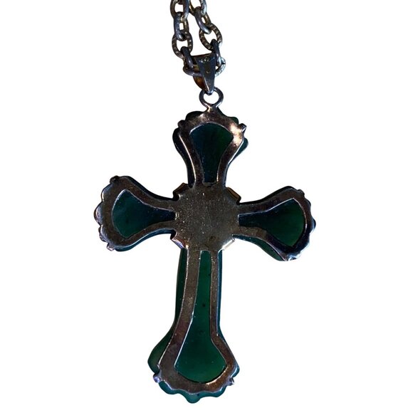 Vintage Green Cross Pendant Necklace With Silver-Tone Chain & Gold-Tone Accents - Picture 3 of 3
